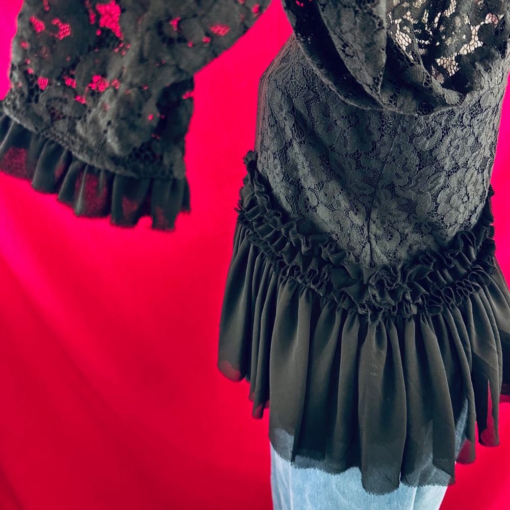 TUCKERNUCK Black Lace Ruffle Peplum Myla Top Mock Neck Long Sleeve Blouse XS - Picture 16 of 17